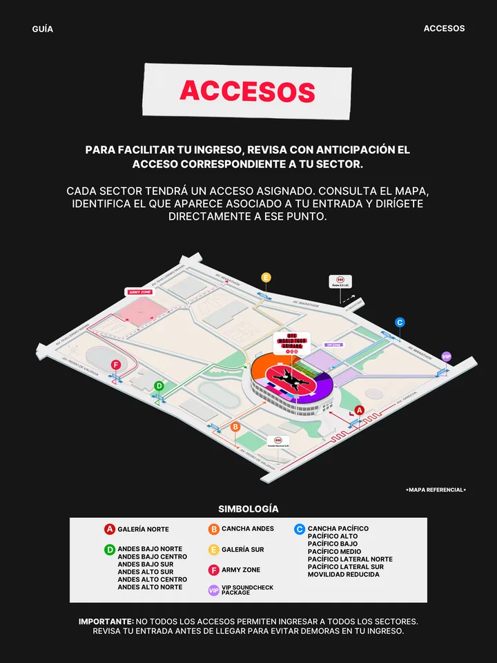 Mapa referencial del Parque Estadio Nacional con los accesos A, B, C, D, E, F y VIP sobre las avenidas Grecia, Marathon, Guillermo Mann y Pedro de Valdivia, la lista de sectores de cada acceso y las estaciones de Metro Estadio Nacional y Ñuble.