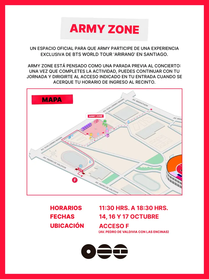 Lámina oficial de ARMY Zone con fechas, horario de 11:30 a 18:30 hrs. y un mapa que muestra su ubicación y el recorrido desde el acceso F.