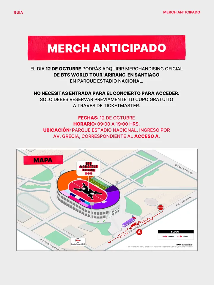 Lámina oficial de la venta anticipada de merchandising del 12 de octubre, con el mapa del flujo de acceso y salida por Av. Grecia, acceso A.