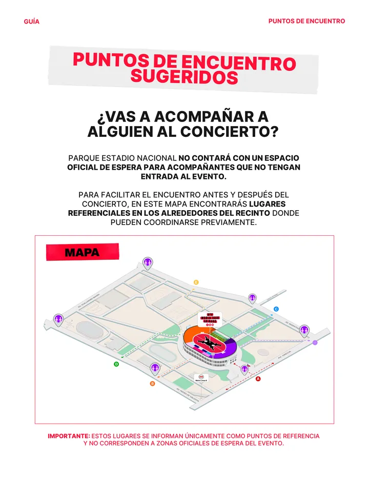 Lámina oficial con el mapa de los puntos de encuentro sugeridos para acompañantes en los alrededores del recinto.