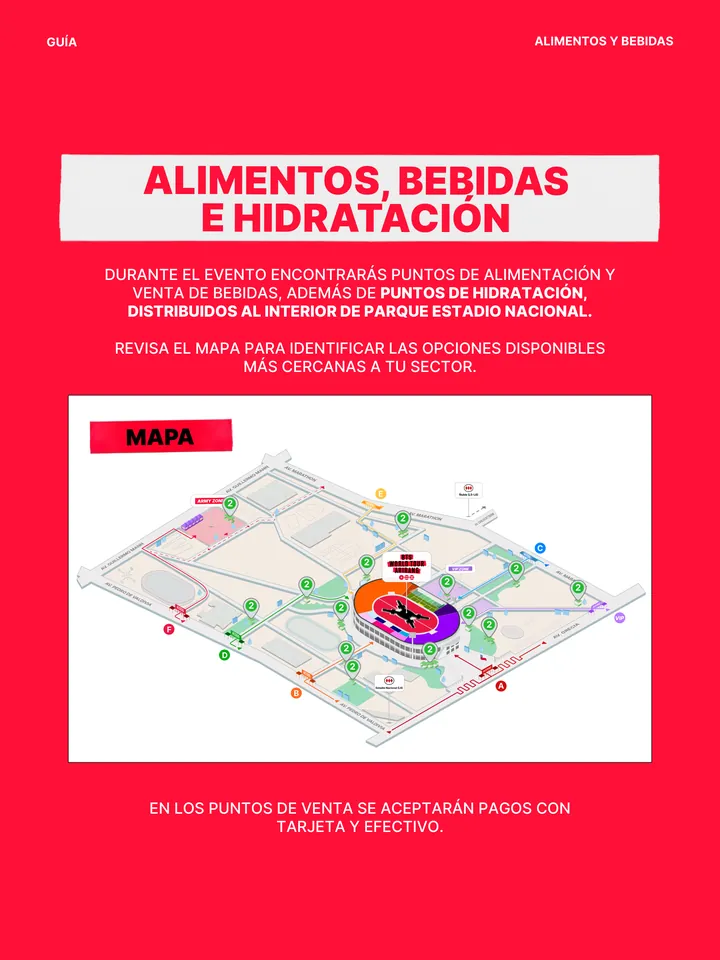 Lámina oficial con el mapa de los puntos de comida dentro del Parque Estadio Nacional.