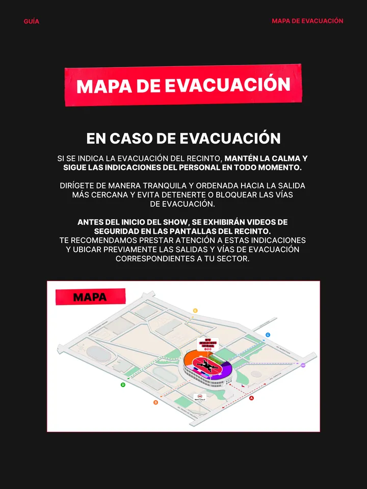 Lámina oficial con el mapa de las vías y salidas de evacuación del recinto.