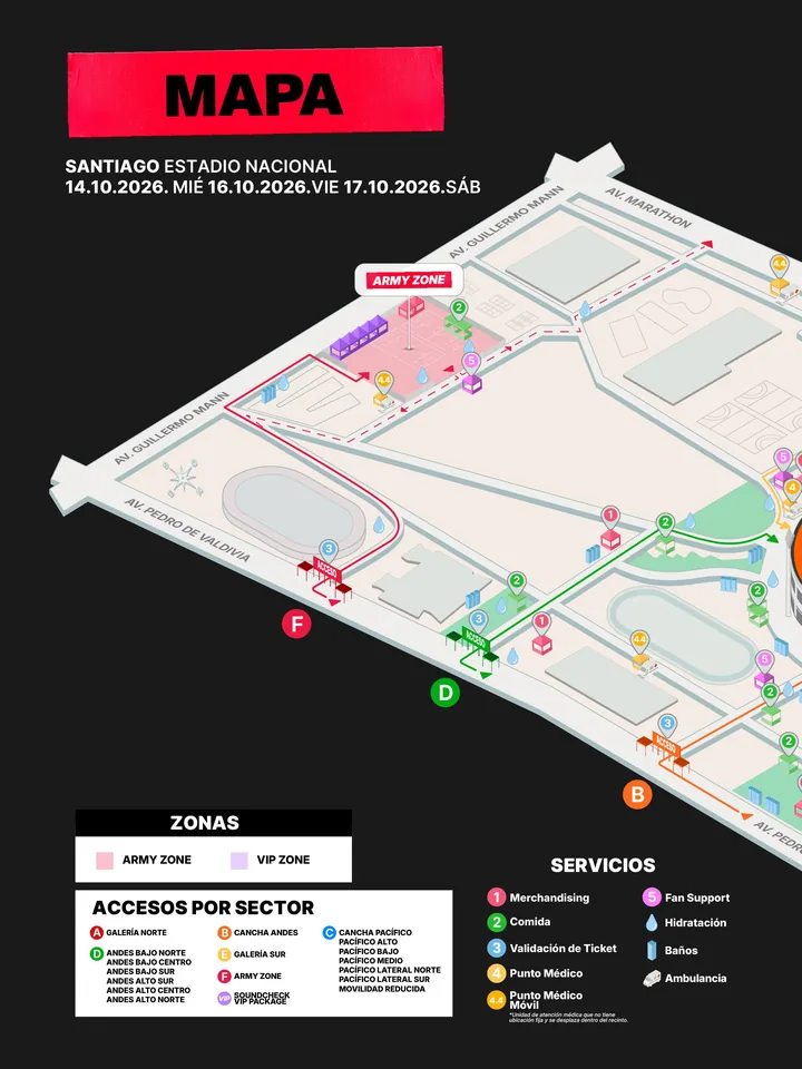 Mitad del mapa oficial publicada en redes: ARMY Zone y los accesos F, D y B, con la simbología de zonas, accesos por sector y servicios.