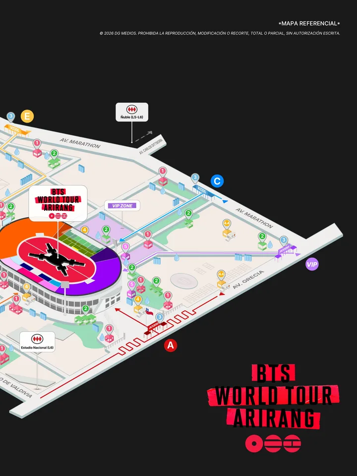 Mitad del mapa oficial publicada en redes: el estadio, VIP Zone y los accesos A, C, E y VIP, con las estaciones de Metro Estadio Nacional y Ñuble.