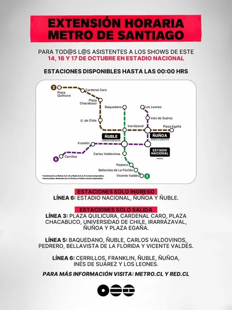 Publicación oficial con el plano de las líneas 3, 5 y 6 de Metro y las estaciones disponibles hasta las 00:00 hrs., separadas en solo ingreso y solo salida.